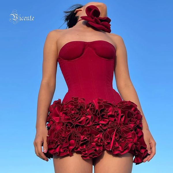 VC Christmas Dress Strapless Backless Red Structured Floral Embellished Mini Length.