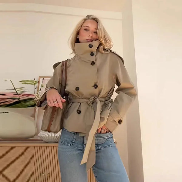 Belted Waist Cropped Trench Jackets Women Double Breasted Stand Collar.