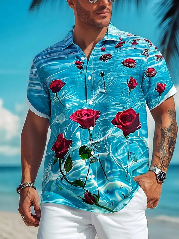 Summer Rose Water 3D Print Shirts Men Fashion Shirt Casual Vintage.