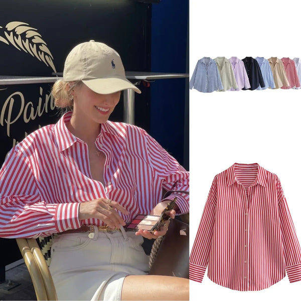 Women's spring new Europe-American fashion striped long sleeve lapel loose.