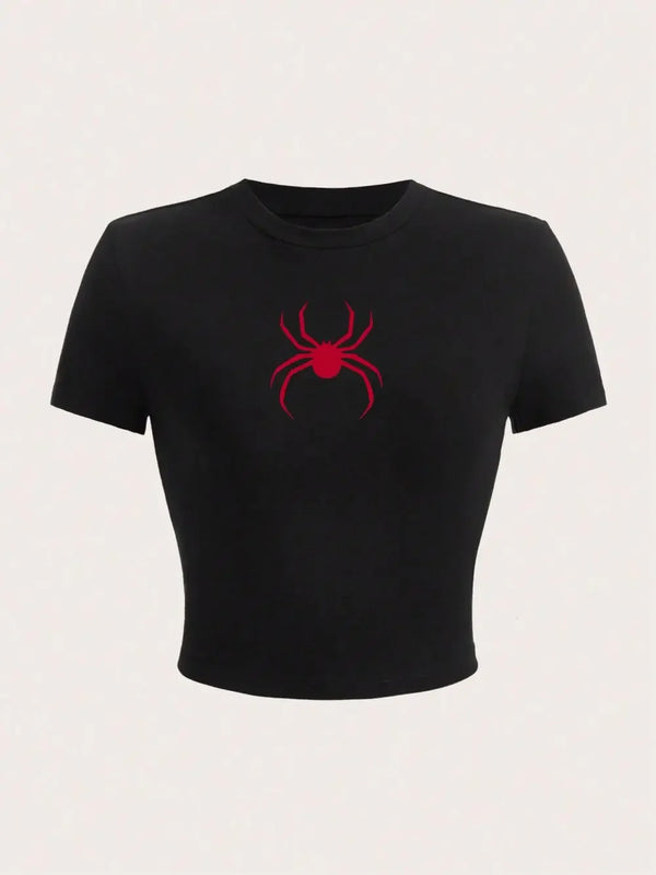 Simple Red Spider Prints Crop T-Shirt Street Cropped Navel Women.