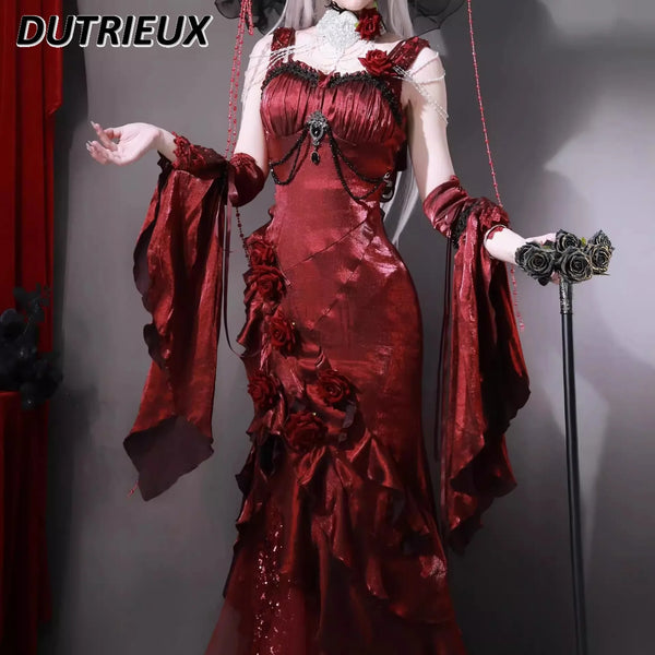 Women’s Red Rose Lolita Slimming Long Asymmetrical Fishtail Dress.