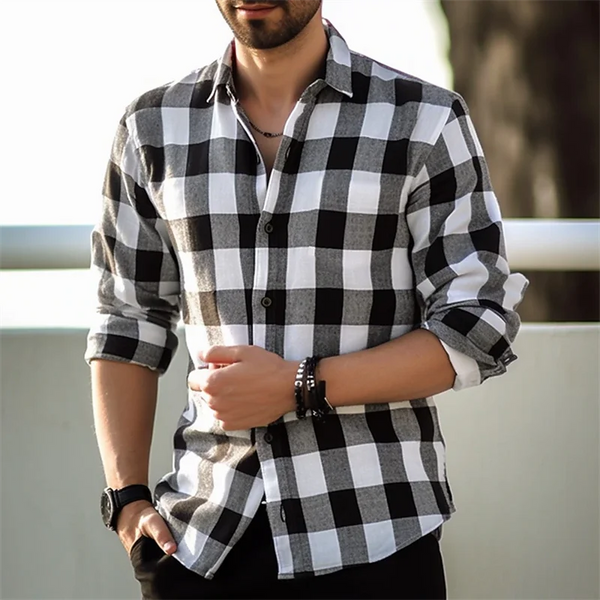 Fashion Style Black And White Plaid Shirt Men's Long-sleeve Shirt Summer.