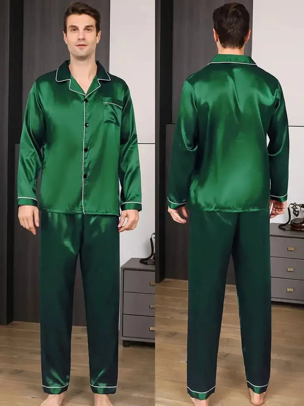 Men Pajamas Set Silk Satin Nightwear Shirt Long Sleeve.