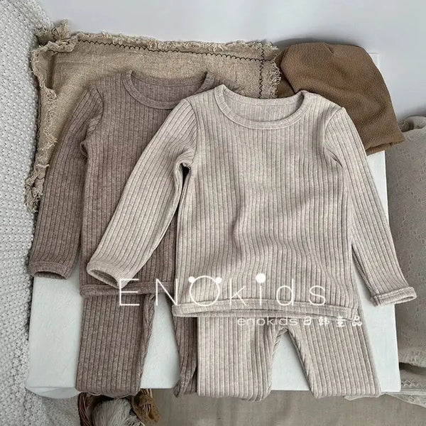 Kids Girls 2PCS Pajamas Set Cotton Round Collar Ribbed.