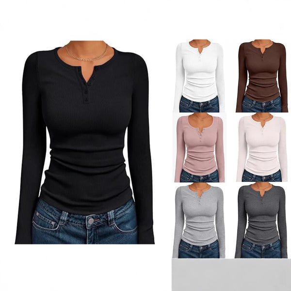 Fashionable Women's Long Sleeve Slim Fit Autumn Henry Collar T-Shirt.