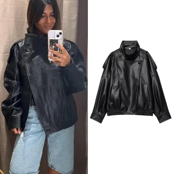 TFMLN Chic Black Faux Leather Jackets Women Long Sleeve Buttons Elastic.