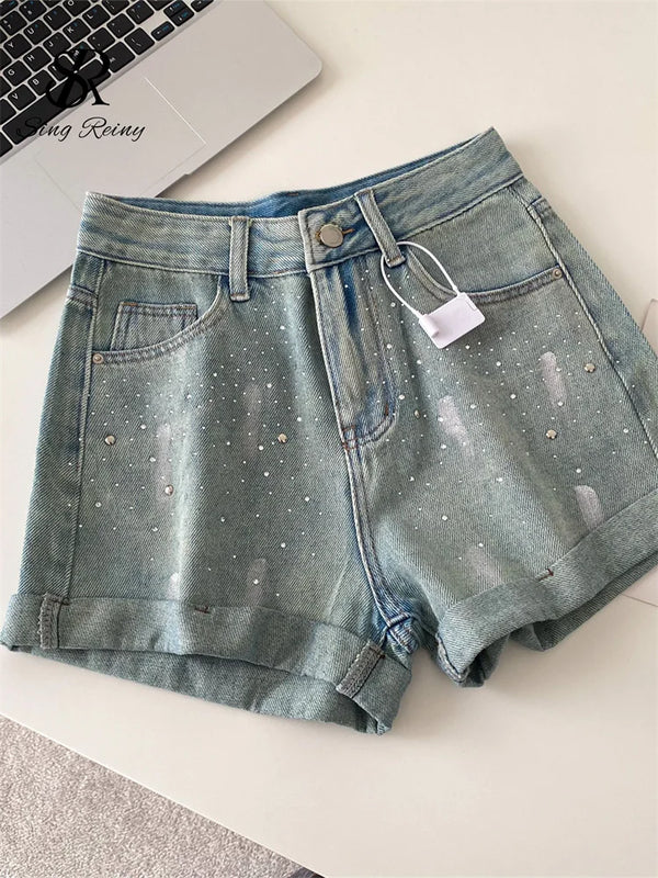 SINGREINY Beading Denim Streetwear Shorts Ladies Slim.
