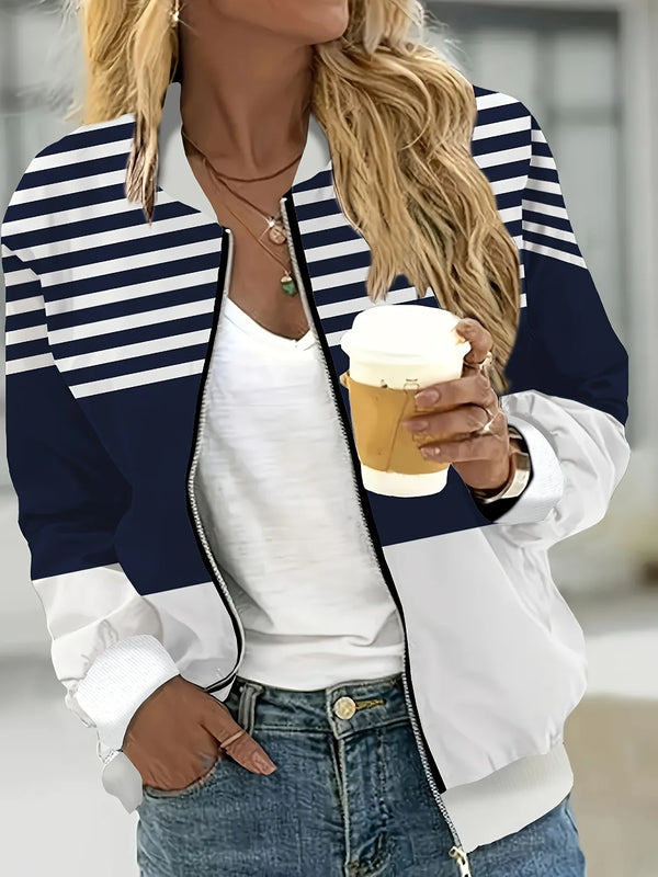 Spring and Autumn New Fashion Women's Striped Print Zipper Outerwear.
