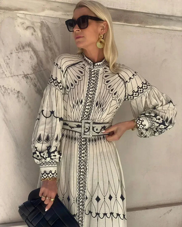 Retro Elegant Stand Collar Long Dress Women Spring Pattern Print.
