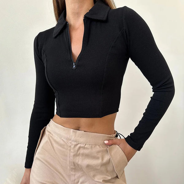 Women's T-shirt Autumn New Black Long Sleeves Crop Top.