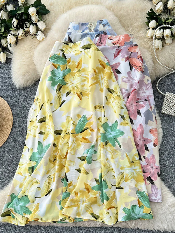 Summer Floral Romantic Skirt Spring High Waist Loose French Style Versatile Women.