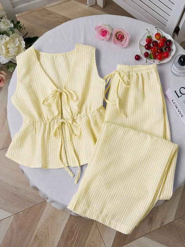 Summer Two Piece Set Women Striped V Neck Lace Up Sleeveless Blouse High Waist Wide Leg Pants.
