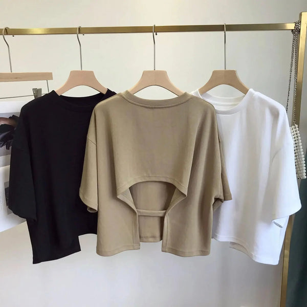 Short Backless T-Shirt Women Summer Round Neck Loose Sleeve Top.