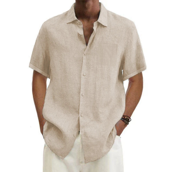 men Cotton Linen Hot Sale Men's Short-Sleeved Shirts Summer Solid Color.
