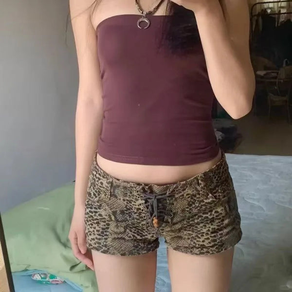 American Style Vintage Leopard Printed Denim Shorts Women Sexy.