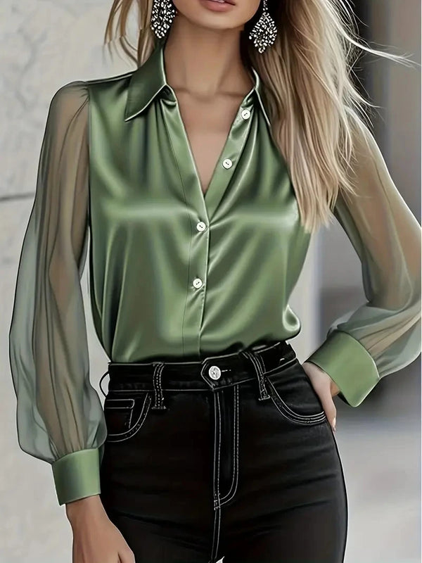 Autumn light luxury high-end long-sleeved versatile age-reducing satin shirt for women.