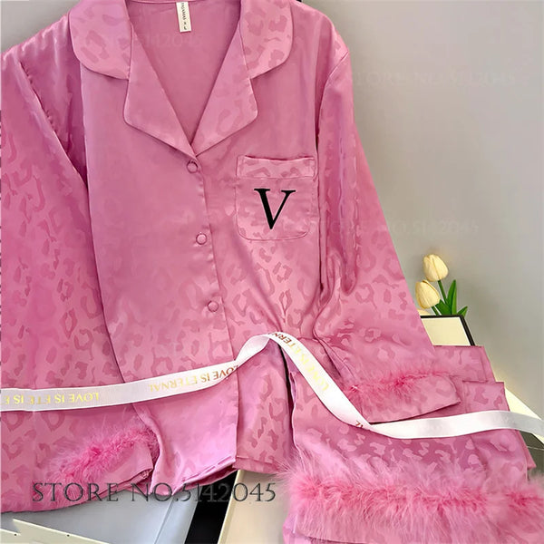 Female 2pcs Pajamas Set Sleepwear Long Sleeve Trouser Pijamas Suit.