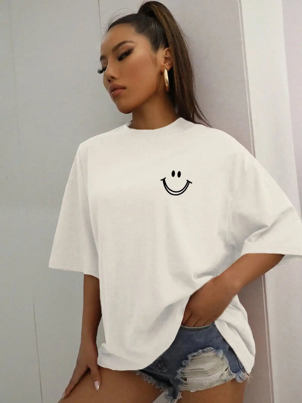 Happy Expression Printed Womens Cotton Short Sleeve Street Hip Hop Tee.