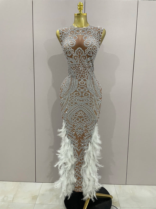 Women Sparkly Rhinestone Feathers Sleeveless O Neck Bodycon Long Dress.