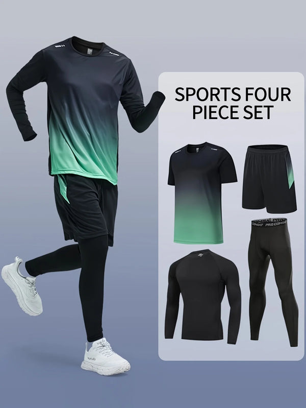 Men's Sports 4pcs Set, High Stretch Gradient Color T-shirt Active Shorts Leggings.
