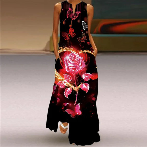3D Floral Printed Dress Summer Vintage V-neck Sleeveless Loose Maxi Dress Elegant.