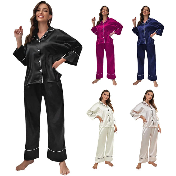 Women's pajamas spring and summer ice silk loose solid color long-sleeved.