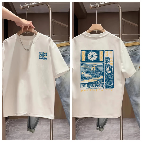 Men Retro Street Cotton Casual Short Sleeve T-Shirt with Mount Fuji Cherry.