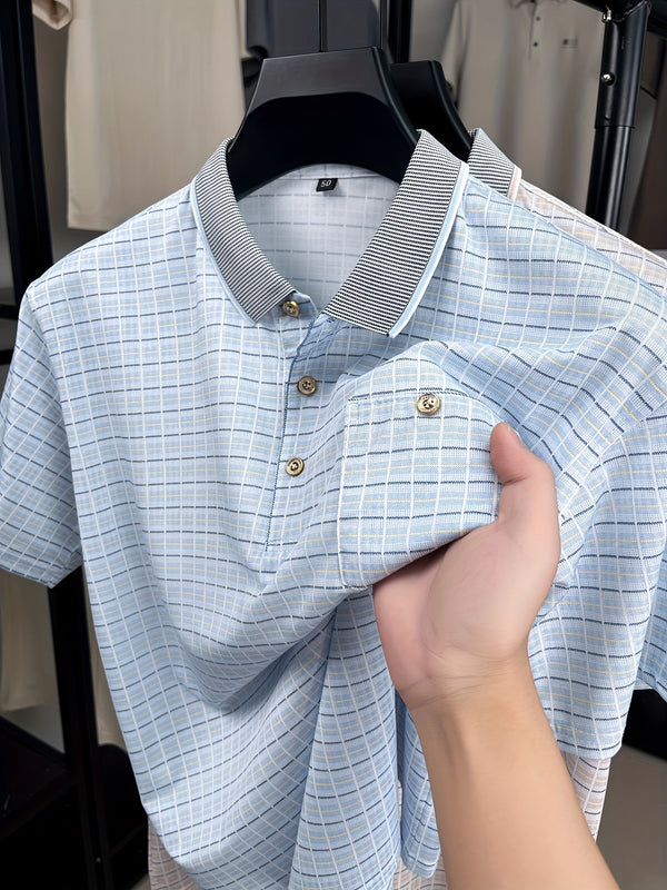 Men's Short-Sleeve T-Shirt Summer Lapel Plaid Ice Silky Fiber Fabric.