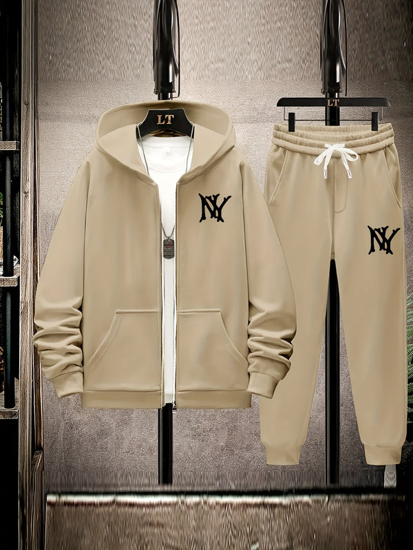 Hooded Zip-Up Jacket Set with NY Letter Prints on The Front And Back.