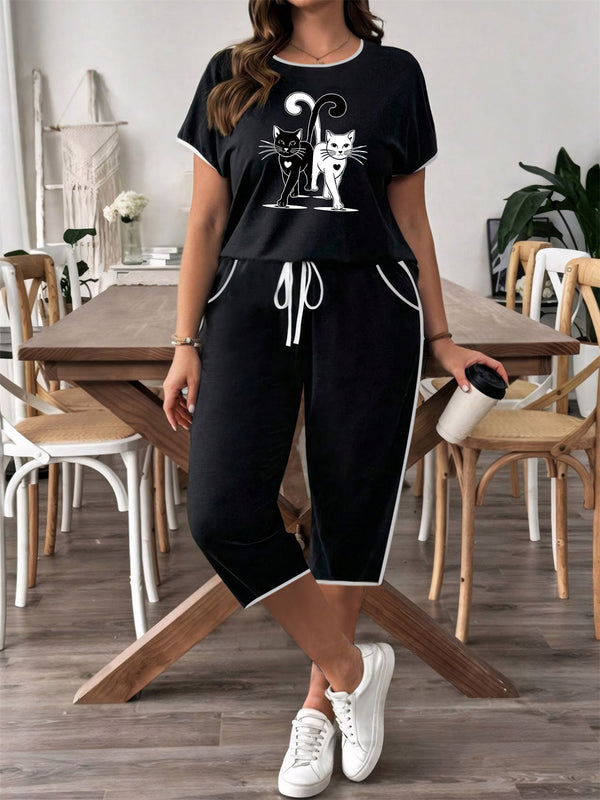 Women's Two-Piece Set Featuring a Cartoon Print of Black And White Cats.