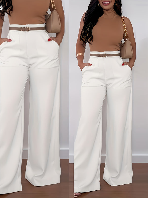 Women's Long Pants, Solid Color High-Waisted Wide-Leg Casual Elegant.