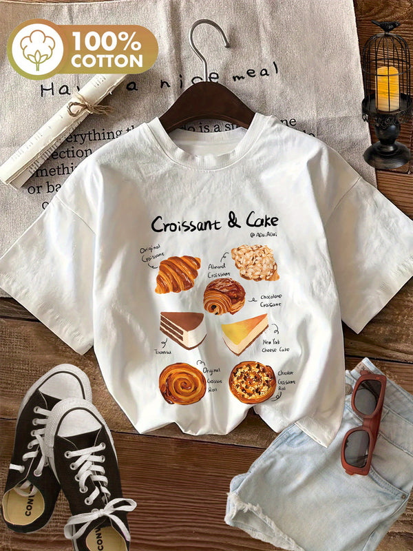 Women's Croissant & Cake Graphic T-Shirt.
