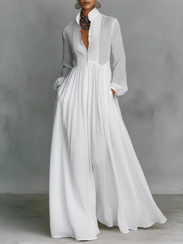 New Style Stylish, Waisted and Long-sleeved Pleated Word Length Vacation Dress for Women.