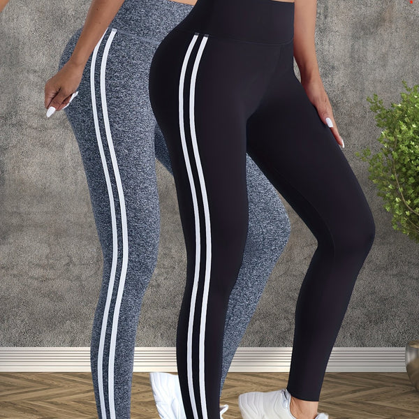 2pcs Women's Side Stripe Yoga Pants, High-Waisted Outdoor Sports Leggings.