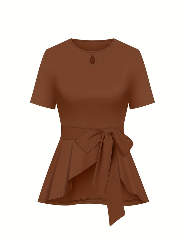Women's elegant suit solid color round neck short sleeve tie bow top.