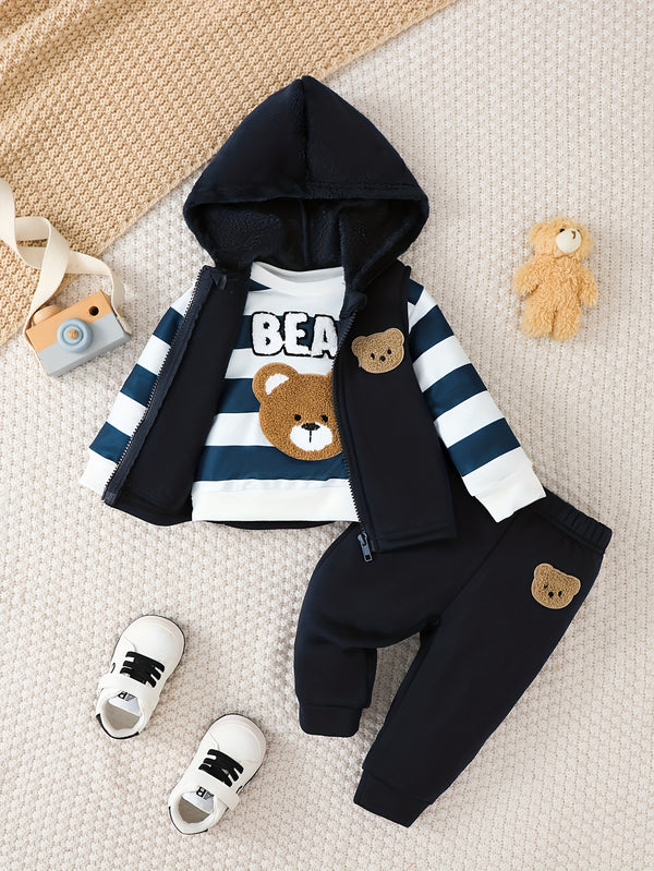 3pcs Boys Cute Bear Embroidery and Striped Print Long-Sleeve.