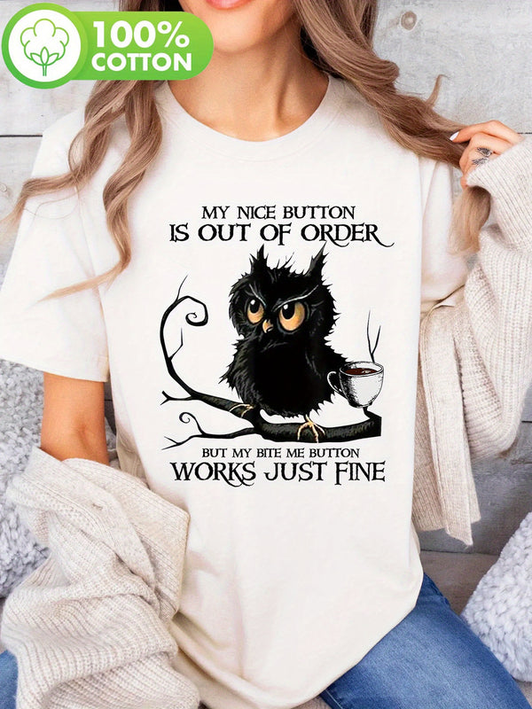 Women’s Owl Print T-shirt, Short Sleeve Crew Neck Casual.