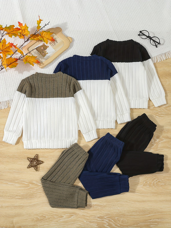 3 Sets Boys Pantsuits: Ribbed Round Neck Contrast Pullover.