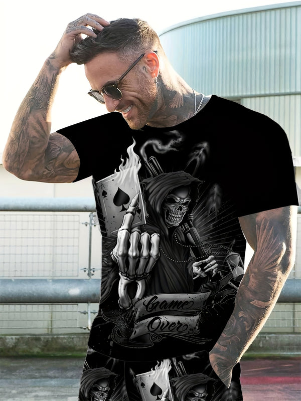 Men's Color Block Logo Skull Print 3D Pattern Summer Casual Sportswear Set.