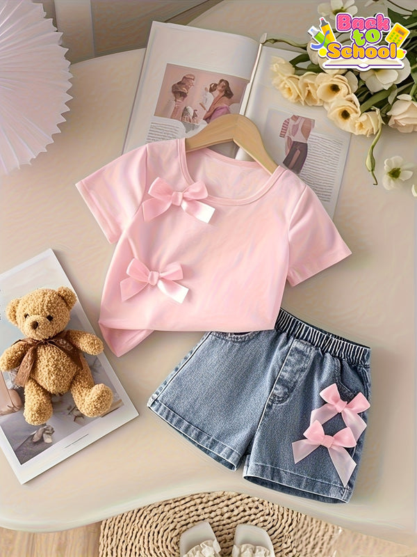 Pink T-Shirt + Denim Shorts Set, 2pcs Girls' Denim Outfit with Bow Design.
