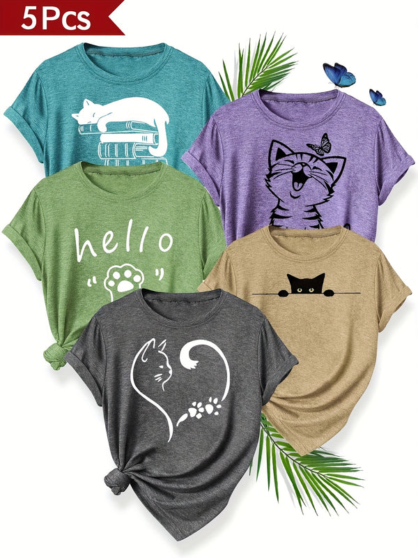 5pcs Women's Vintage Cat Print T-Shirts.