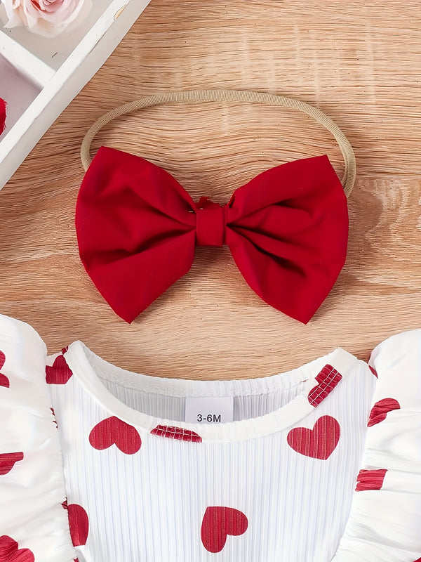 Girls' Valentine's Day Sweet Romantic Lace Bow Decorated Heart Print.