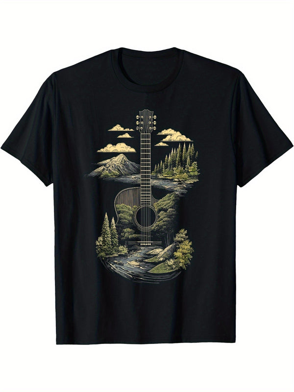 Men's Black T-Shirt with Acoustic Guitar & Nature Forest Design.