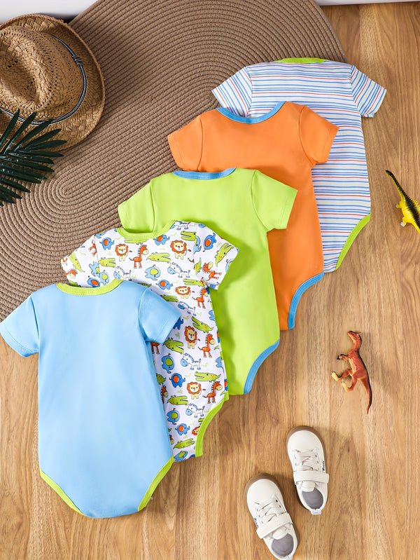 New Baby Crawling Suit 5pcs Set, Multiple Colors with Cute Animal Patterns.