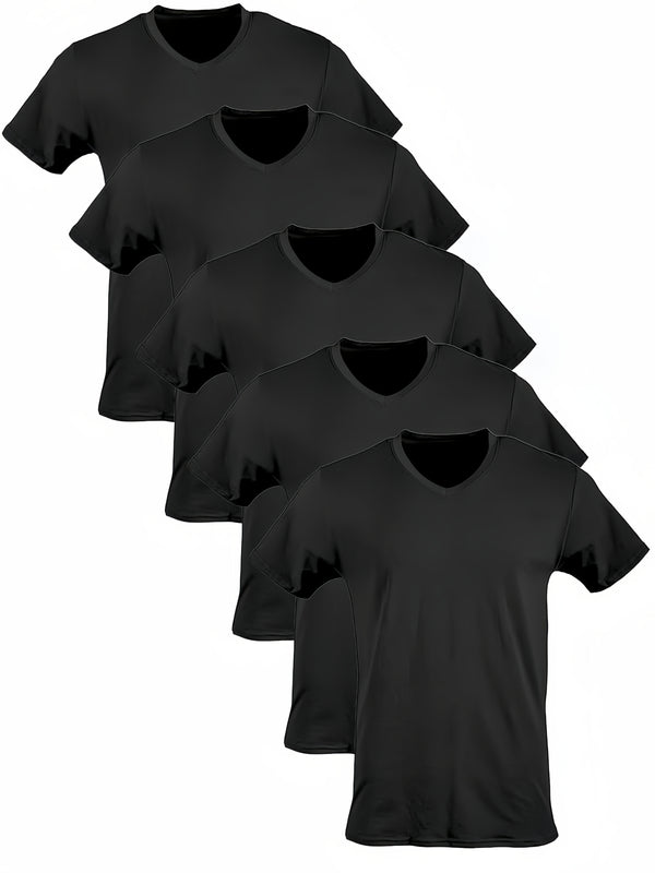 Men's Classic Summer V-Neck Casual Short-Sleeve T-Shirt Five-Piece Set.