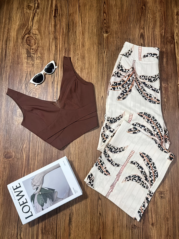 Women’s 2pcs Set, Brown V-Neck Vest Top Without Padding + Printed Pants.