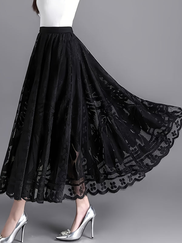 Elegant Women's A-Line Lace Skirt - Long Pleated Design.