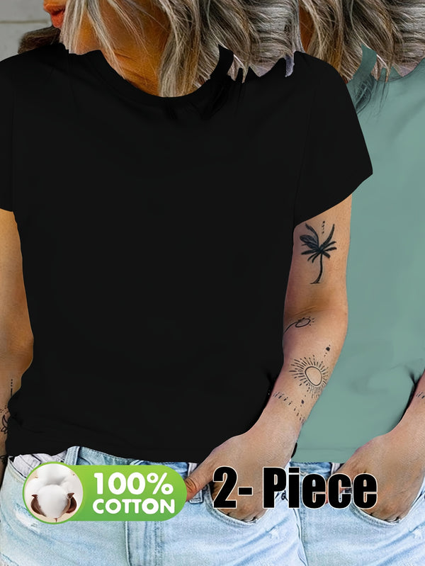 Women’s Fashion Solid Color Short Sleeve T-Shirt Two-Pack.