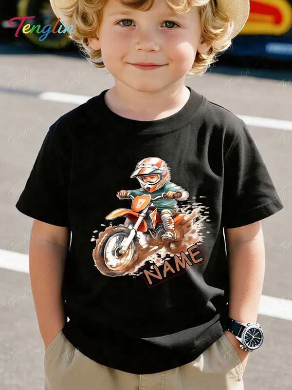 Custom Motorcycle Print Short Sleeve T-Shirt for Boys and Girls.